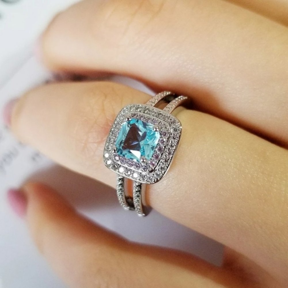 New Silver Blue Princess Cut Double Pink Halo Ring - Picture 4 of 5
